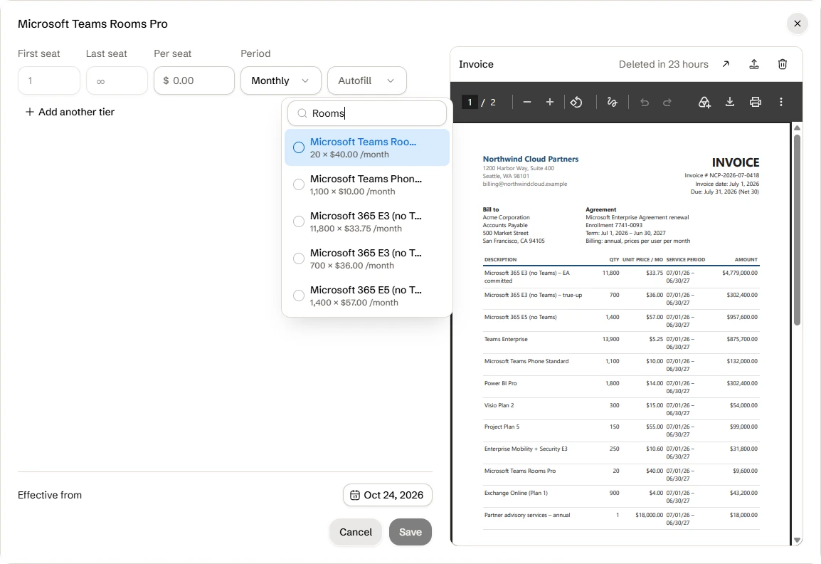 The Autofill menu for Microsoft Teams Rooms Pro, listing the line items read from the invoice.