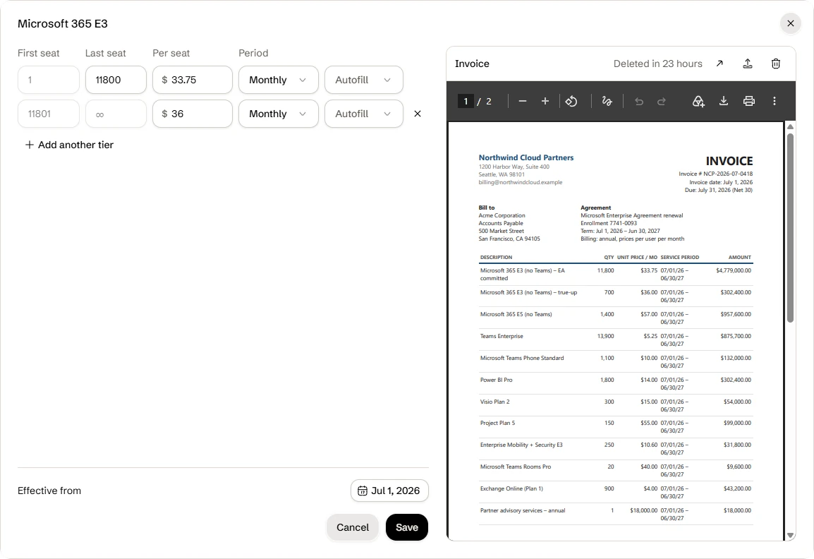 Editing the Microsoft 365 E3 price as two tiers, with the reseller's invoice open alongside.